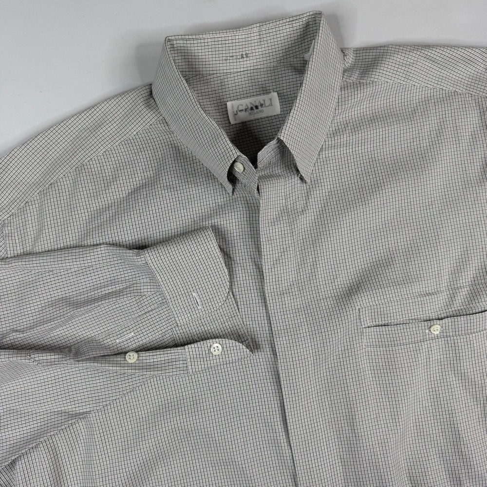 Canali Button Down Shirt Mens 17 Grey White Micro Check Made in Italy Luxury